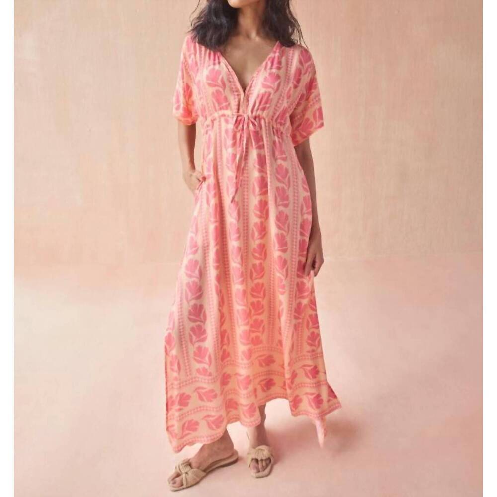 Pink Floral V-Neck Maxi Dress with Drawstring Waist